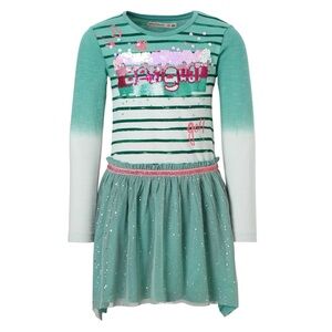 Desigual Girls Kids Dress Teal Green Striped Tulle Skirt Sparkles Long Sleeve